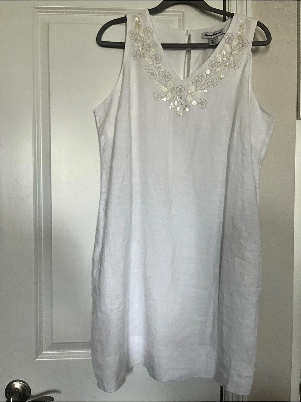 Tommy Bahama Two Palms Beaded Floral Embroidered Linen Shift Minidress White